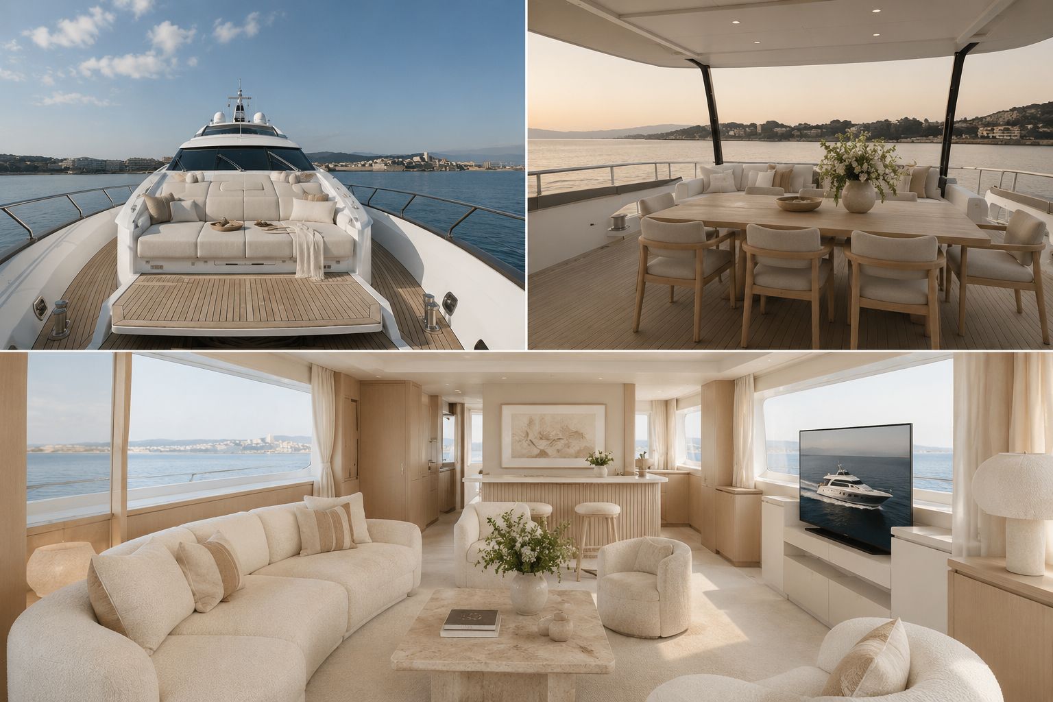 Foredeck, alfresco dining table at sunset, and main salon interior